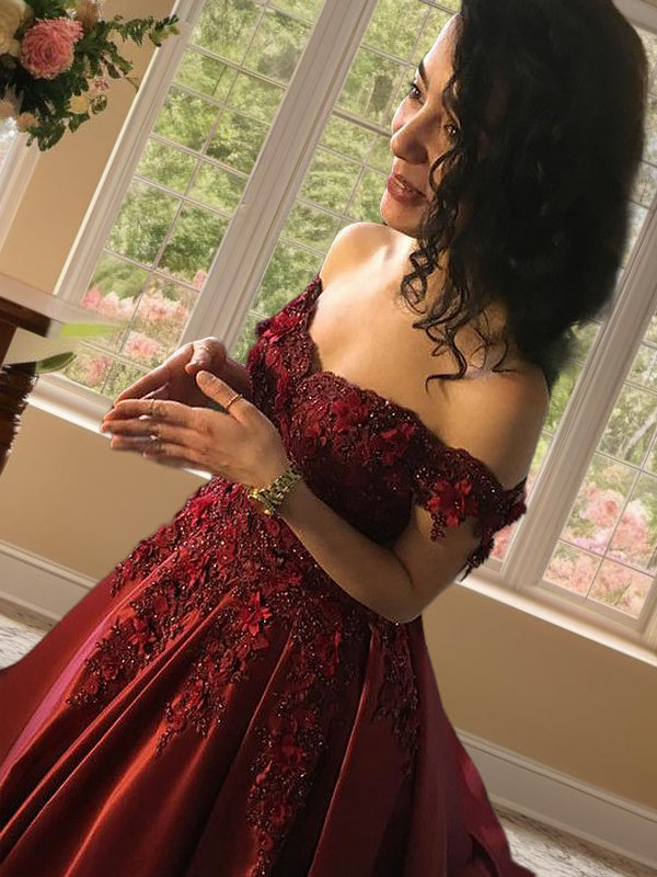 Ball-Gown Off-the-Shoulder Appliques Lace Floor-Length Satin Dress
