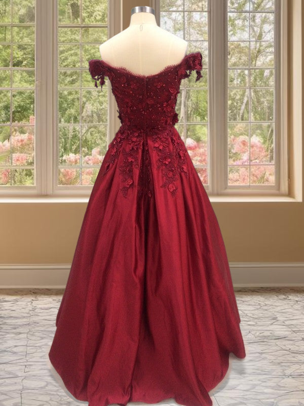 Ball-Gown Off-the-Shoulder Appliques Lace Floor-Length Satin Dress