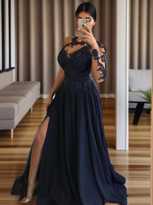 A-line Scoop Long Sleeves Appliques Lace Sweep Train Stretch Crepe Dress