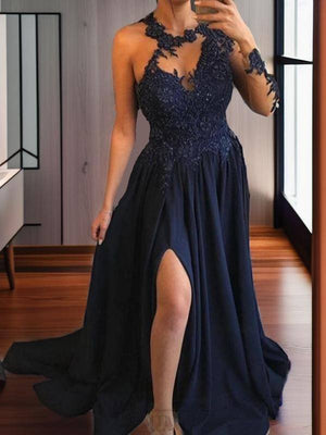 A-line Scoop Long Sleeves Appliques Lace Sweep Train Stretch Crepe Dress