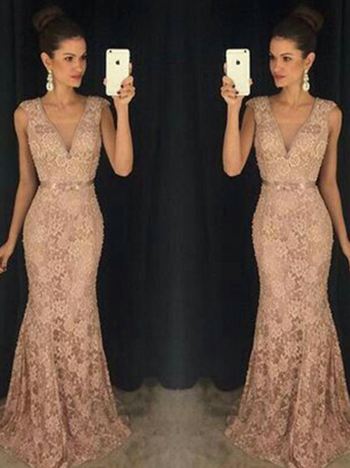 Mermaid V-neck Sweep Train Lace Dress