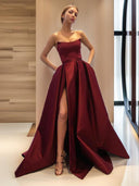 Ball-Gown Cold Shoulder Pleated Sweep Train Satin Dress