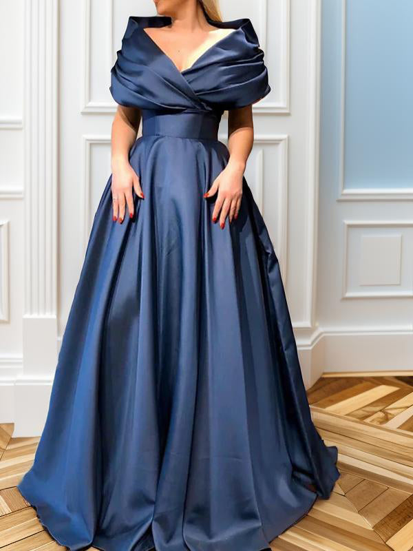 A-line V-neck Pleated Sweep Train Satin Dress