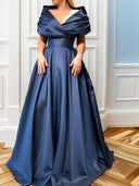 A-line V-neck Pleated Sweep Train Satin Dress
