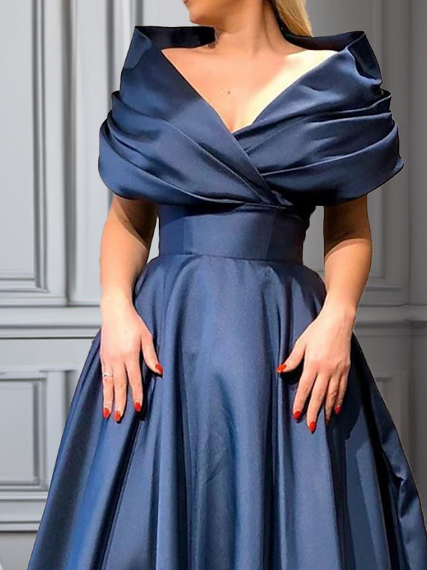 A-line V-neck Pleated Sweep Train Satin Dress