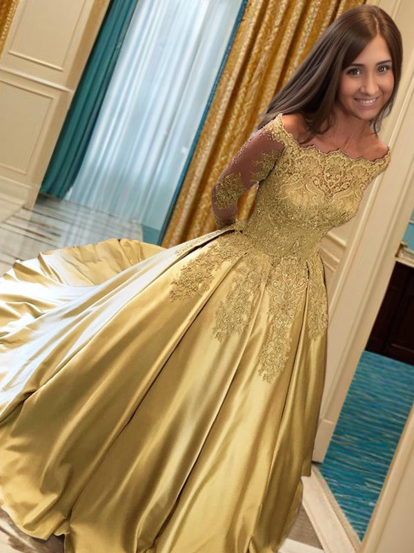 Ball-Gown Off-the-Shoulder Long Sleeves Appliques Lace Chapel Train Satin Dress