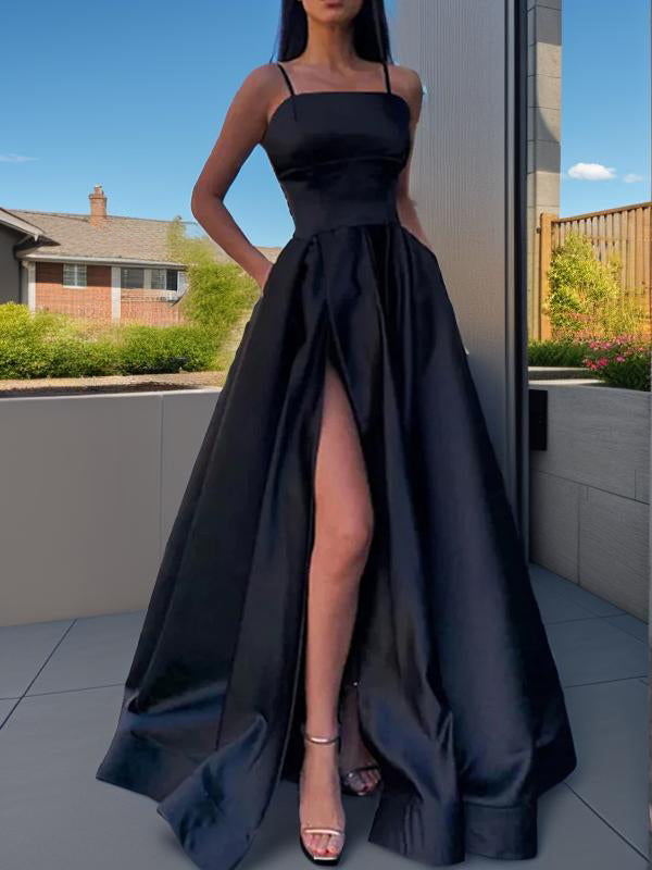 A-line Spaghetti Straps Floor-Length Satin Dress