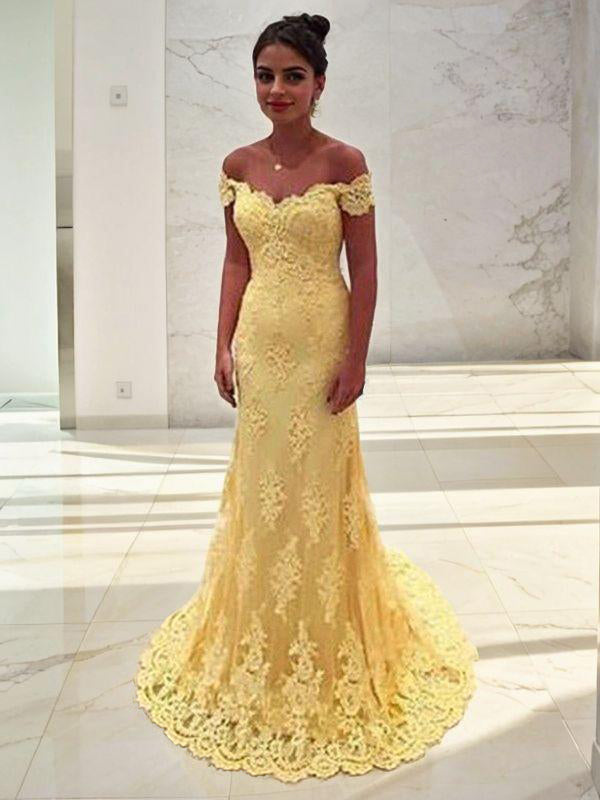 Mermaid Off-the-Shoulder Appliques Lace Sweep Train Lace Dress