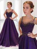 A-line Scoop Beading Floor-Length Tulle Dress