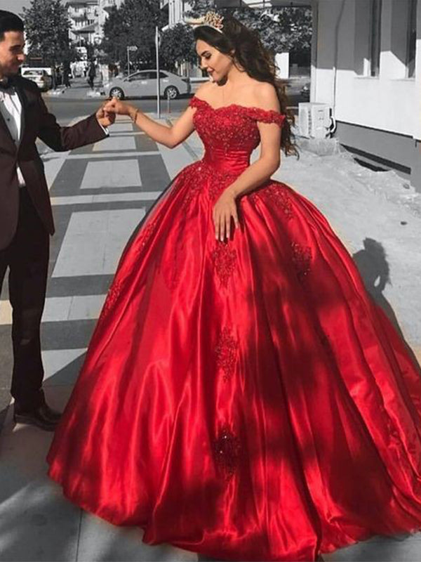 Ball-Gown Off-the-Shoulder Appliques Lace Sweep Train Satin Dress