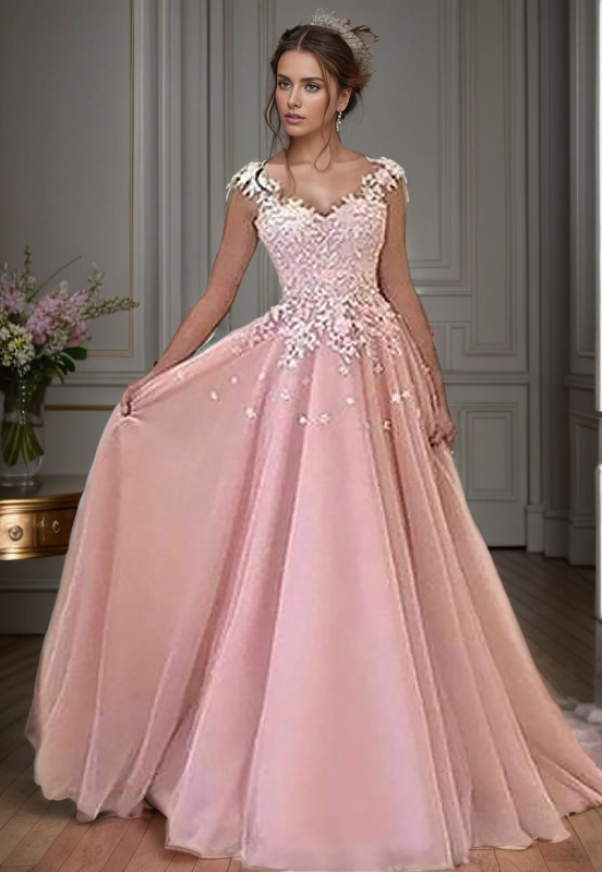 A-line Sweetheart Appliques Lace Floor-Length Tulle Dress