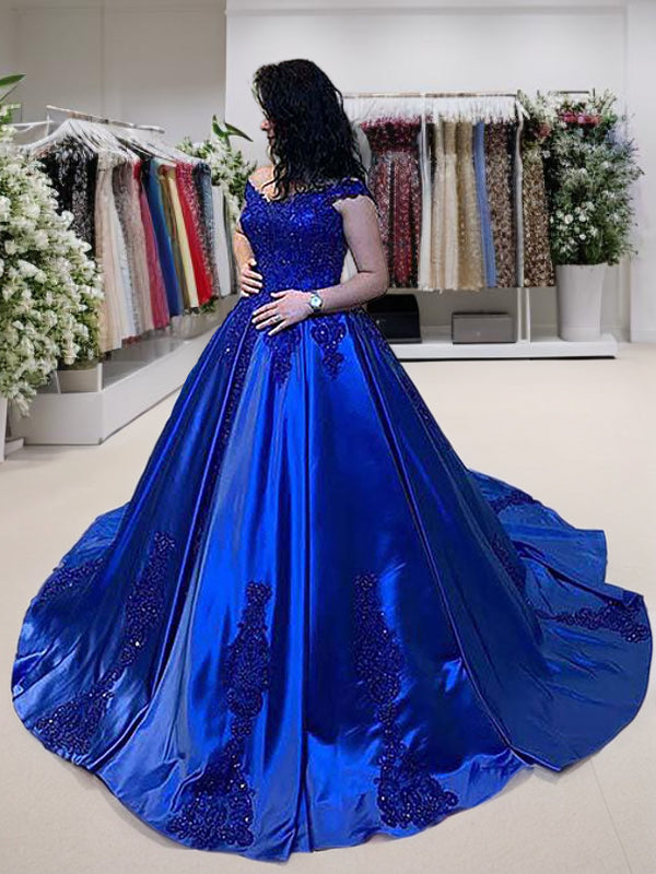 Ball-Gown Spaghetti Straps Appliques Lace Court Train Satin Dress