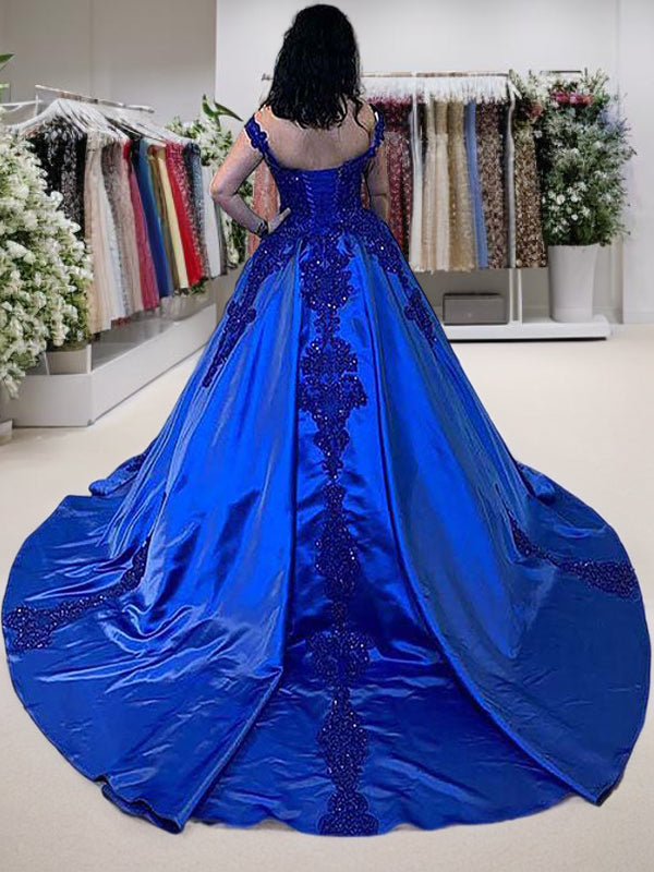 Ball-Gown Spaghetti Straps Appliques Lace Court Train Satin Dress