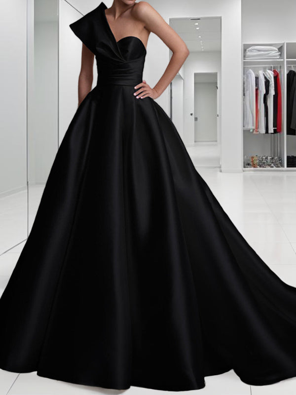 A-line One-Shoulder Pleated Sweep Train Satin Dress