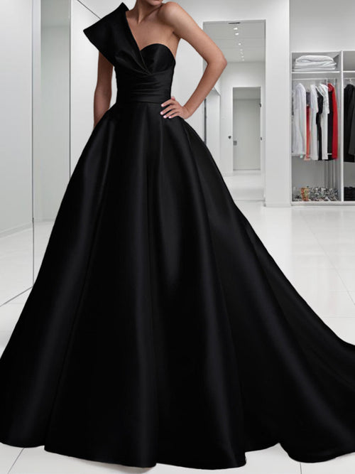 A-line One-Shoulder Pleated Sweep Train Satin Dress