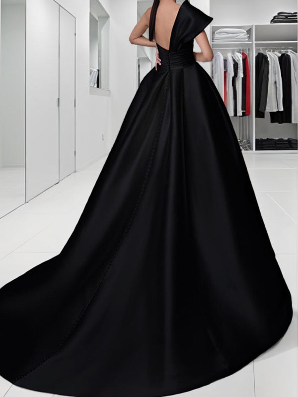 A-line One-Shoulder Pleated Sweep Train Satin Dress