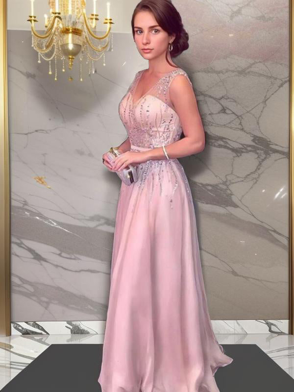 A-line V-neck Beading Floor-Length Chiffon Dress