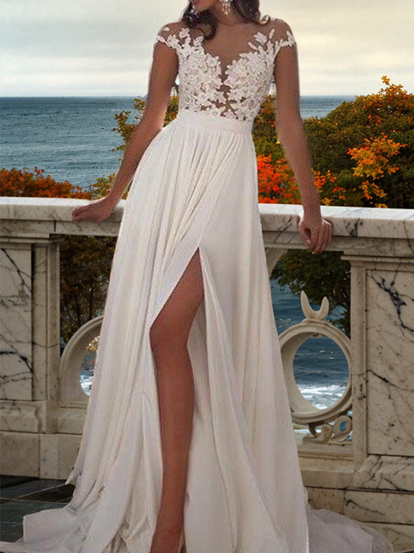 A-line Scoop Short Sleeves Appliques Lace Sweep Train Chiffon Dress