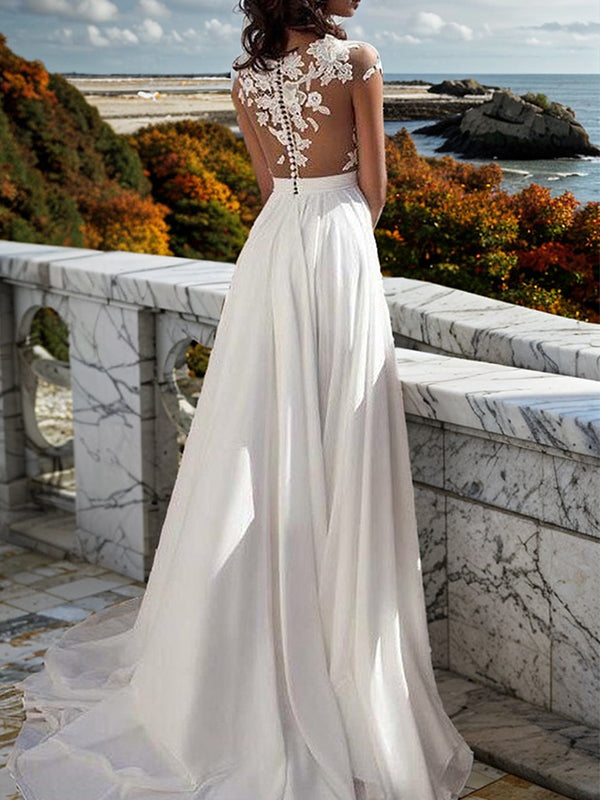 A-line Scoop Short Sleeves Appliques Lace Sweep Train Chiffon Dress