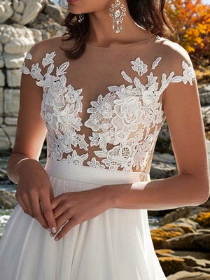 A-line Scoop Short Sleeves Appliques Lace Sweep Train Chiffon Dress