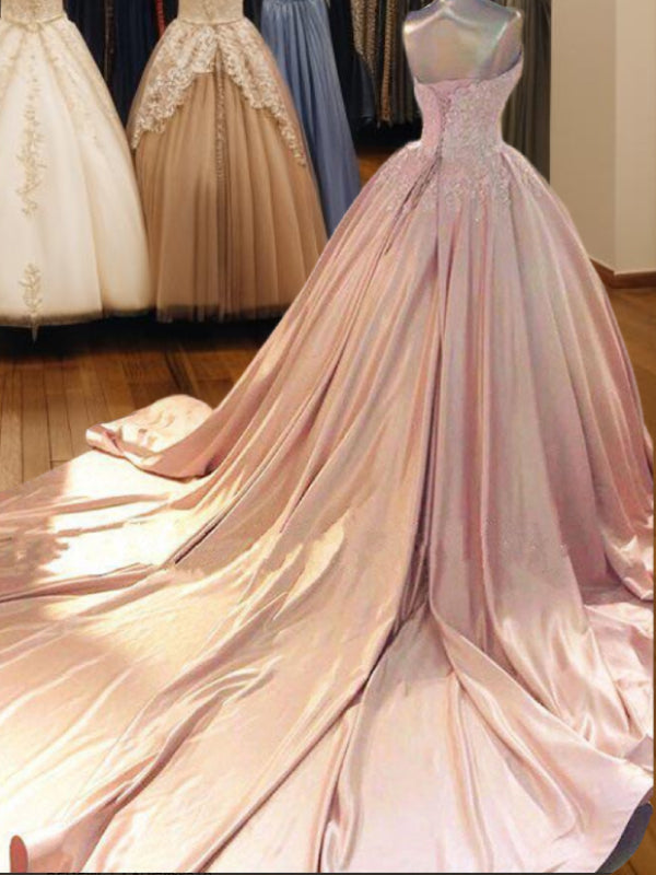 Ball-Gown Sweetheart Appliques Lace Cathedral Train Satin Dress