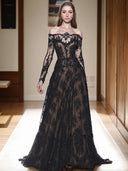 A-line Off-the-Shoulder Long Sleeves Appliques Lace Sweep Train Lace Dress