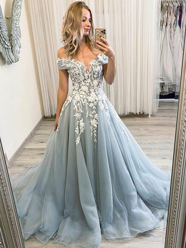 A-line Off-the-Shoulder Appliques Lace Sweep Train Tulle Dress