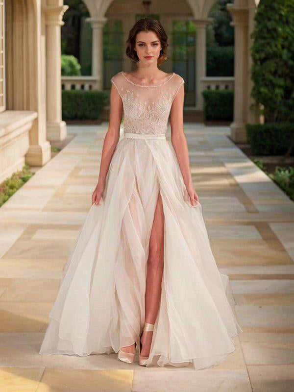 A-line Scoop Short Sleeves Beading Floor-Length Organza Dress