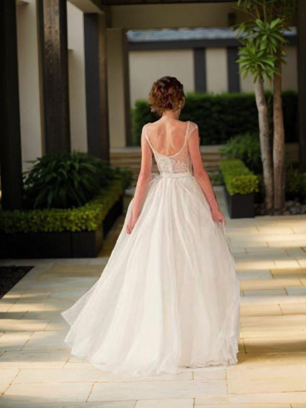 A-line Scoop Short Sleeves Beading Floor-Length Organza Dress