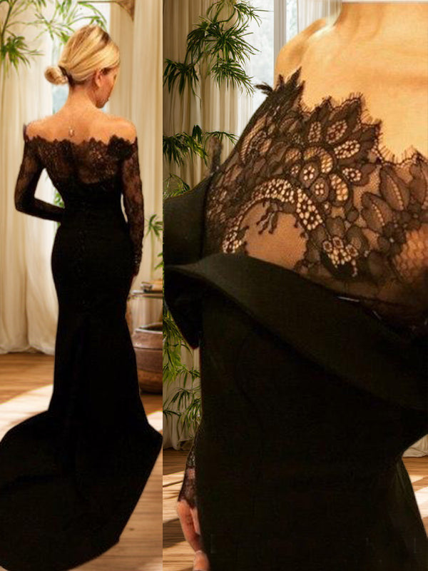 Mermaid Off-the-Shoulder Long Sleeves Appliques Lace Sweep Train Silk like Satin Dress