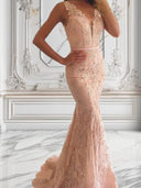 Mermaid V-neck Appliques Lace Sweep Train Lace Dress