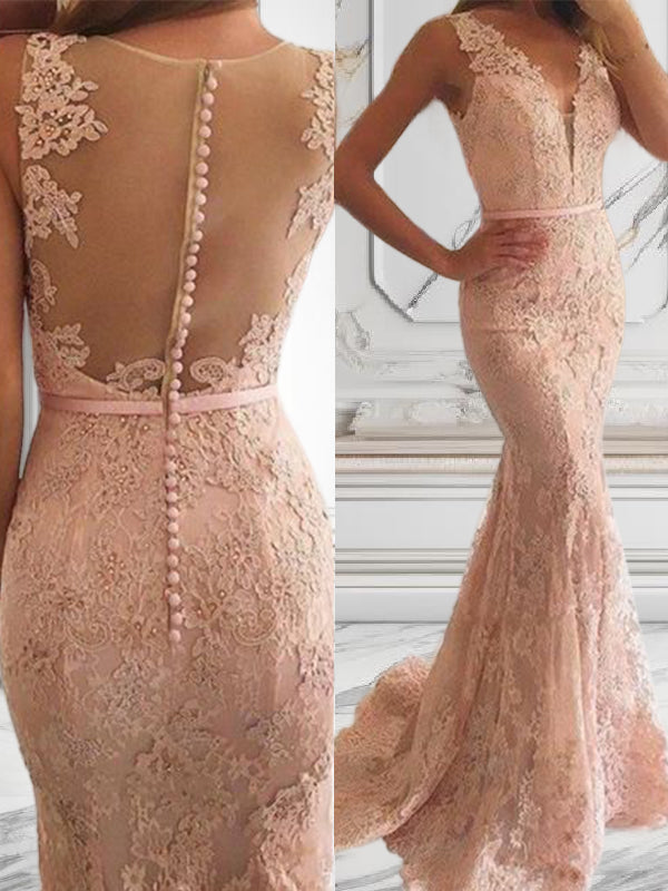 Mermaid V-neck Appliques Lace Sweep Train Lace Dress