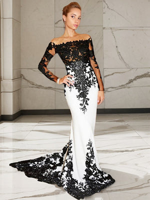 Mermaid Cold Shoulder Long Sleeves Appliques Lace Sweep Train Chiffon Dress