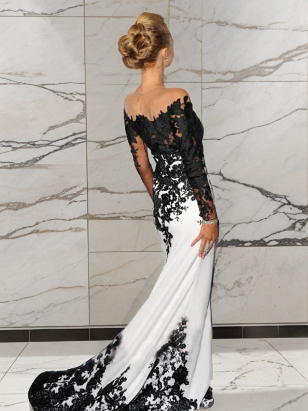 Mermaid Cold Shoulder Long Sleeves Appliques Lace Sweep Train Chiffon Dress