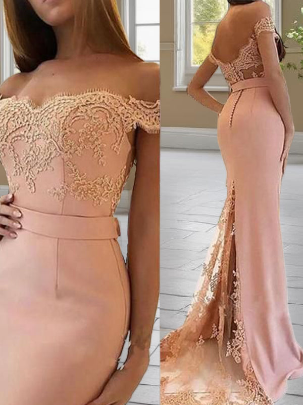Sheath Off-the-Shoulder Appliques Lace Sweep Train Stretch Crepe Dress