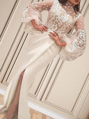Mermaid High Neck Long Sleeves Pleated Sweep Train Stretch Crepe Dress