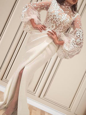 Mermaid High Neck Long Sleeves Pleated Sweep Train Stretch Crepe Dress