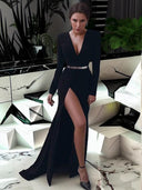 A-line V-neck Long Sleeves Sweep Train Stretch Crepe Dress