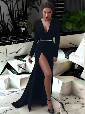 A-line V-neck Long Sleeves Sweep Train Stretch Crepe Dress
