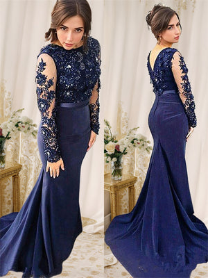 Mermaid Scoop Long Sleeves Appliques Lace Sweep Train Silk like Satin Dress