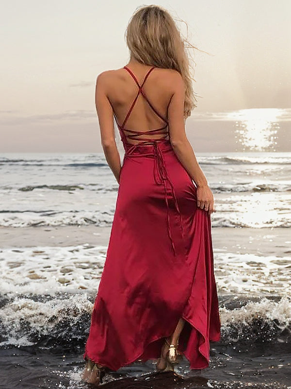 A-line Spaghetti Straps Floor-Length Silk like Satin Dress