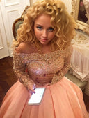 Ball-Gown Off-the-Shoulder Long Sleeves Beading Court Train Satin Dress