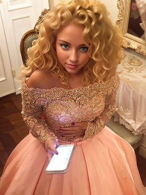 Ball-Gown Off-the-Shoulder Long Sleeves Beading Court Train Satin Dress