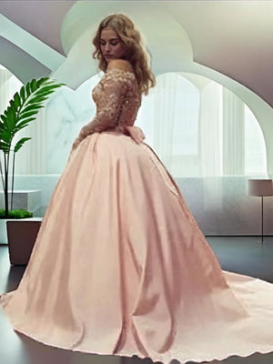 Ball-Gown Off-the-Shoulder Long Sleeves Beading Court Train Satin Dress