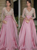 A-line V-neck Long Sleeves Appliques Lace Floor-Length Taffeta Dress