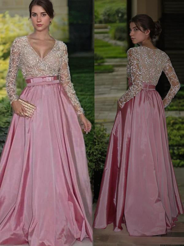 A-line V-neck Long Sleeves Appliques Lace Floor-Length Taffeta Dress
