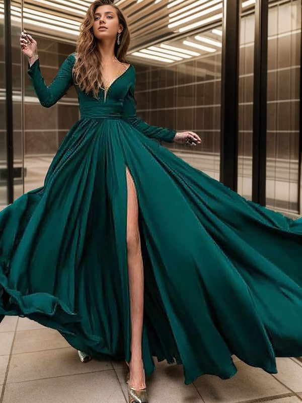 A-line V-neck Long Sleeves Ruffles Sweep Train Satin Chiffon Dress