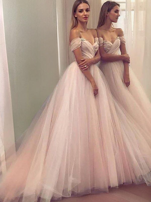 A-line Off-the-Shoulder Rhinestone Sweep Train Tulle Dress