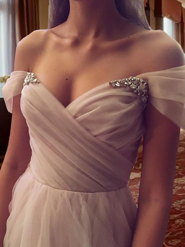 A-line Off-the-Shoulder Rhinestone Sweep Train Tulle Dress
