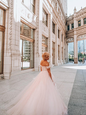 A-line Off-the-Shoulder Rhinestone Sweep Train Tulle Dress